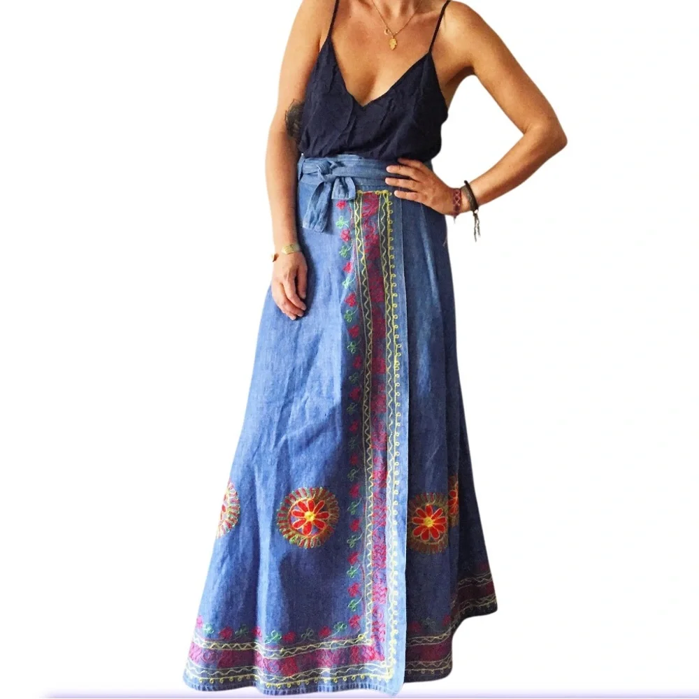 VINTAGE Embroidered Blue Denim Wrap  Boho Maxi Skirt‎ - Picture 5 of 16